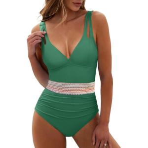 imageANRABESS One Piece Swimsuit for Women Tummy Control V Neck Slimming Sexy Bathing Suit Color Block Padded Beach SwimwearGreen