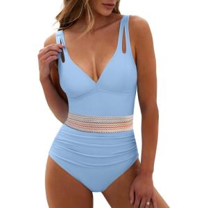 imageANRABESS One Piece Swimsuit for Women Tummy Control V Neck Slimming Sexy Bathing Suit Color Block Padded Beach SwimwearSky Blue