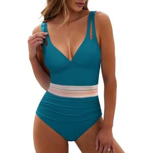 imageANRABESS One Piece Swimsuit for Women Tummy Control V Neck Slimming Sexy Bathing Suit Color Block Padded Beach SwimwearTeal