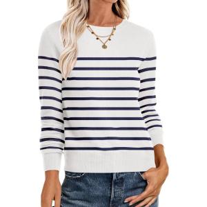 imageANRABESS Sweaters for Women Long Sleeve Lightweight Crewneck Soft Basic Knit 2025 Fall Loose Fit Pullover TopsWhite Navy Blue