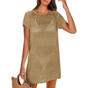 imageANRABESS Swimsuit Cover Up for Women 2025 Crochet Bathing Suit Swimwear Mesh Knit Beach Dress Summer Vacation Outfit ClothesKhaki