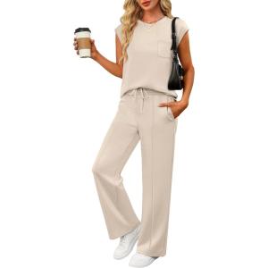 imageANRABESS Two Piece Sets for Women Summer Sleeveless Sweatsuits Wide Leg Casual Lounge Set Matching Vacation Travel OutfitsApricot