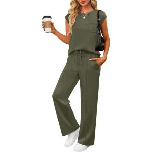 imageANRABESS Two Piece Sets for Women Summer Sleeveless Sweatsuits Wide Leg Casual Lounge Set Matching Vacation Travel OutfitsArmy Green