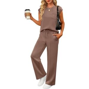 imageANRABESS Two Piece Sets for Women Summer Sleeveless Sweatsuits Wide Leg Casual Lounge Set Matching Vacation Travel OutfitsBrown