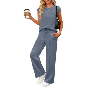 imageANRABESS Two Piece Sets for Women Summer Sleeveless Sweatsuits Wide Leg Casual Lounge Set Matching Vacation Travel OutfitsDeep Gray