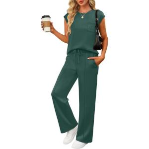 imageANRABESS Two Piece Sets for Women Summer Sleeveless Sweatsuits Wide Leg Casual Lounge Set Matching Vacation Travel OutfitsDeep Green