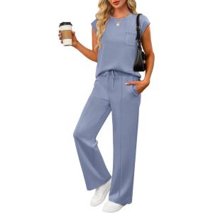 imageANRABESS Two Piece Sets for Women Summer Sleeveless Sweatsuits Wide Leg Casual Lounge Set Matching Vacation Travel OutfitsGray Blue