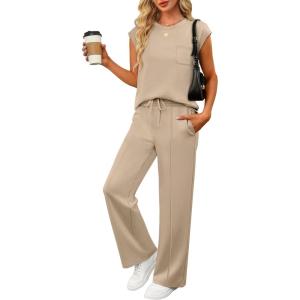 imageANRABESS Two Piece Sets for Women Summer Sleeveless Sweatsuits Wide Leg Casual Lounge Set Matching Vacation Travel OutfitsKhaki
