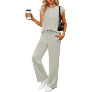 imageANRABESS Two Piece Sets for Women Summer Sleeveless Sweatsuits Wide Leg Casual Lounge Set Matching Vacation Travel OutfitsLight Khaki
