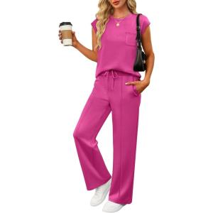 imageANRABESS Two Piece Sets for Women Summer Sleeveless Sweatsuits Wide Leg Casual Lounge Set Matching Vacation Travel OutfitsRose