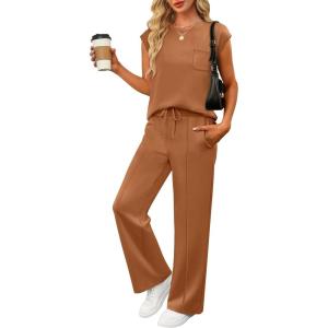 imageANRABESS Two Piece Sets for Women Summer Sleeveless Sweatsuits Wide Leg Casual Lounge Set Matching Vacation Travel OutfitsRust