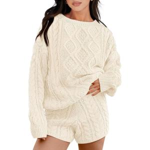 imageANRABESS Women 2 Piece Outfits Sweater Lounge Loungewear Sets 2025 Fall Cable Knit Oversized Sweaters Shorts Matching SetsBeige