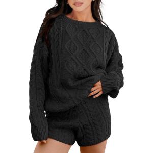 imageANRABESS Women 2 Piece Outfits Sweater Lounge Loungewear Sets 2025 Fall Cable Knit Oversized Sweaters Shorts Matching SetsBlack