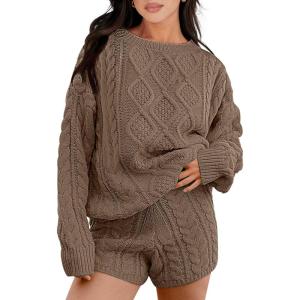 imageANRABESS Women 2 Piece Outfits Sweater Lounge Loungewear Sets 2025 Fall Cable Knit Oversized Sweaters Shorts Matching SetsBrown