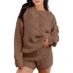 imageANRABESS Women 2 Piece Outfits Sweater Lounge Loungewear Sets 2025 Fall Cable Knit Oversized Sweaters Shorts Matching SetsCoffee