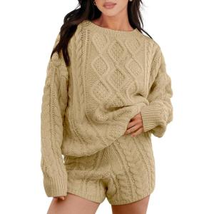 imageANRABESS Women 2 Piece Outfits Sweater Lounge Loungewear Sets 2025 Fall Cable Knit Oversized Sweaters Shorts Matching SetsKhaki