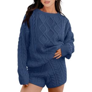 imageANRABESS Women 2 Piece Outfits Sweater Lounge Loungewear Sets 2025 Fall Cable Knit Oversized Sweaters Shorts Matching SetsNavy Blue