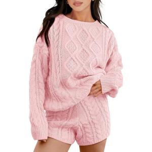 imageANRABESS Women 2 Piece Outfits Sweater Lounge Loungewear Sets 2025 Fall Cable Knit Oversized Sweaters Shorts Matching SetsPink