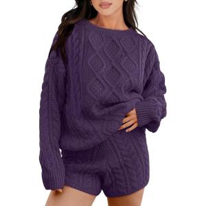 imageANRABESS Women 2 Piece Outfits Sweater Lounge Loungewear Sets 2025 Fall Cable Knit Oversized Sweaters Shorts Matching SetsPurple