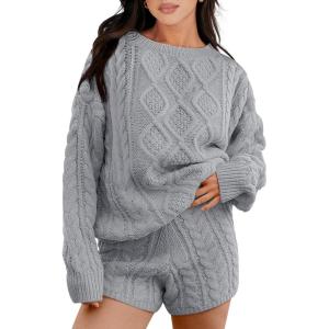 imageANRABESS Women 2 Piece Outfits Sweater Lounge Loungewear Sets 2025 Fall Cable Knit Oversized Sweaters Shorts Matching SetsSilver Grey
