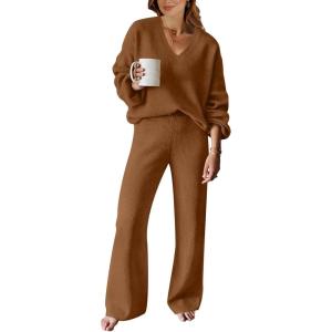 imageANRABESS Women 2 Piece Outfits Sweater Lounge Sets Long Sleeve Cable Knit Pullover and Wide Leg Pants Tracksuit Matching SetCoffee