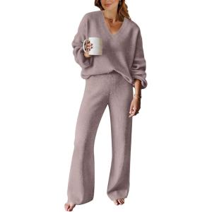 imageANRABESS Women 2 Piece Outfits Sweater Lounge Sets Long Sleeve Cable Knit Pullover and Wide Leg Pants Tracksuit Matching SetRed Khaki