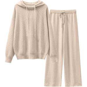 imageANRABESS Women 2 Piece Outfits Sweater Sets Loose Long Sleeve Hoodies Knit Pullover Wide Leg Pants 2025 Fall Lounge SweatsuitBeige