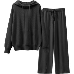 imageANRABESS Women 2 Piece Outfits Sweater Sets Loose Long Sleeve Hoodies Knit Pullover Wide Leg Pants 2025 Fall Lounge SweatsuitBlack