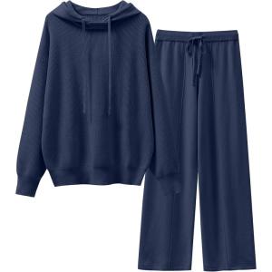 imageANRABESS Women 2 Piece Outfits Sweater Sets Loose Long Sleeve Hoodies Knit Pullover Wide Leg Pants 2025 Fall Lounge SweatsuitDeep Blue