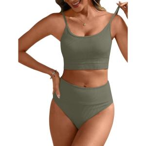 imageANRABESS Women High Waisted Bikini Sets Color Block Summer Beach Vacation 2 Piece Bathing Suit Tummy Control Ribbed SwimsuitArmy Green