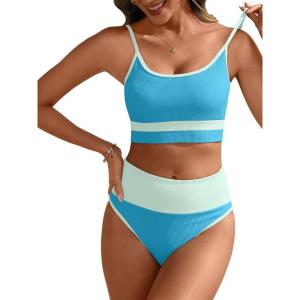 imageANRABESS Women High Waisted Bikini Sets Color Block Summer Beach Vacation 2 Piece Bathing Suit Tummy Control Ribbed SwimsuitBlue Green
