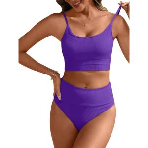 imageANRABESS Women High Waisted Bikini Sets Color Block Summer Beach Vacation 2 Piece Bathing Suit Tummy Control Ribbed SwimsuitDeep Purple