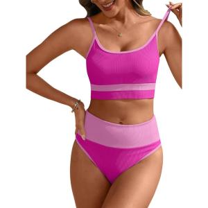 imageANRABESS Women High Waisted Bikini Sets Color Block Summer Beach Vacation 2 Piece Bathing Suit Tummy Control Ribbed SwimsuitHot Pink