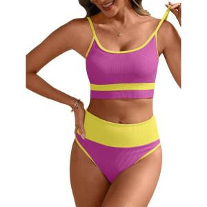 imageANRABESS Women High Waisted Bikini Sets Color Block Summer Beach Vacation 2 Piece Bathing Suit Tummy Control Ribbed SwimsuitRose Yellow
