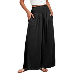 imageANRABESS Women Palazzo Pants Summer Boho Bagyy Wide Leg High Smocked Waist Casual Loose Lounge Pant with PocketBlack