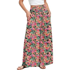 imageANRABESS Women Palazzo Pants Summer Boho Bagyy Wide Leg High Smocked Waist Casual Loose Lounge Pant with PocketFloral Black Red