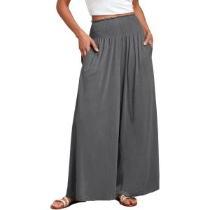 imageANRABESS Women Palazzo Pants Summer Boho Bagyy Wide Leg High Smocked Waist Casual Loose Lounge Pant with PocketGrey