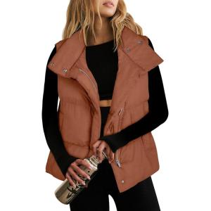 imageANRABESS Women Puffer Vest Sleeveless Zip Up Stand Collar Quilted Lightweight Jacket Winter Warm Puffer Padded Down OuterwearCaramel