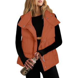 imageANRABESS Women Puffer Vest Sleeveless Zip Up Stand Collar Quilted Lightweight Jacket Winter Warm Puffer Padded Down OuterwearOrange
