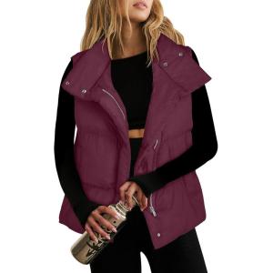 imageANRABESS Women Puffer Vest Sleeveless Zip Up Stand Collar Quilted Lightweight Jacket Winter Warm Puffer Padded Down OuterwearRed