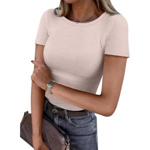 imageANRABESS Women Short Sleeve Crewneck Ribbed Knit Slim Fitted Shirts Summer Tops Basic Tee TShirt Casual Spring 2025 ClothesApricot