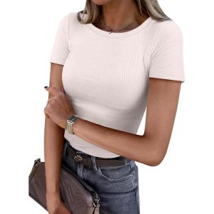 imageANRABESS Women Short Sleeve Crewneck Ribbed Knit Slim Fitted Shirts Summer Tops Basic Tee TShirt Casual Spring 2025 ClothesBeige