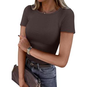 imageANRABESS Women Short Sleeve Crewneck Ribbed Knit Slim Fitted Shirts Summer Tops Basic Tee TShirt Casual Spring 2025 ClothesBrown