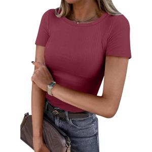 imageANRABESS Women Short Sleeve Crewneck Ribbed Knit Slim Fitted Shirts Summer Tops Basic Tee TShirt Casual Spring 2025 ClothesBurgundy