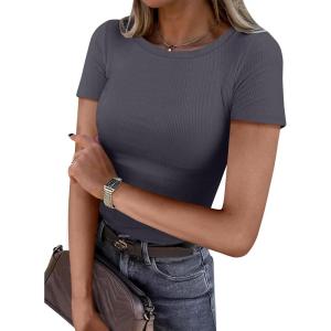 imageANRABESS Women Short Sleeve Crewneck Ribbed Knit Slim Fitted Shirts Summer Tops Basic Tee TShirt Casual Spring 2025 ClothesCharcoal