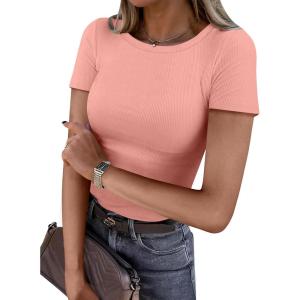 imageANRABESS Women Short Sleeve Crewneck Ribbed Knit Slim Fitted Shirts Summer Tops Basic Tee TShirt Casual Spring 2025 ClothesCoral