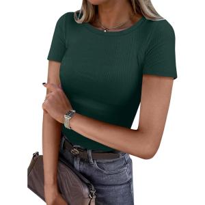 imageANRABESS Women Short Sleeve Crewneck Ribbed Knit Slim Fitted Shirts Summer Tops Basic Tee TShirt Casual Spring 2025 ClothesForest Green