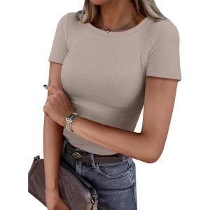 imageANRABESS Women Short Sleeve Crewneck Ribbed Knit Slim Fitted Shirts Summer Tops Basic Tee TShirt Casual Spring 2025 ClothesLight Khaki
