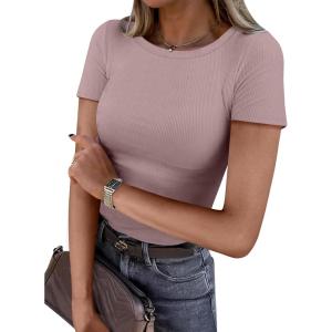 imageANRABESS Women Short Sleeve Crewneck Ribbed Knit Slim Fitted Shirts Summer Tops Basic Tee TShirt Casual Spring 2025 ClothesNutmeg