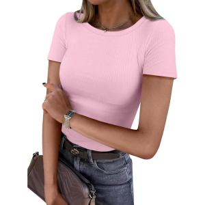imageANRABESS Women Short Sleeve Crewneck Ribbed Knit Slim Fitted Shirts Summer Tops Basic Tee TShirt Casual Spring 2025 ClothesPink